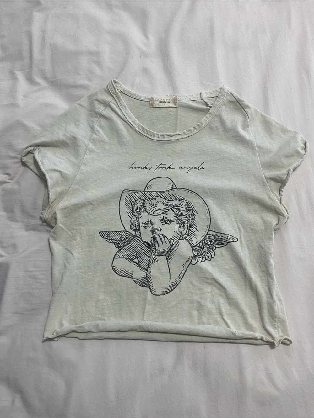 Altar'd State Light Cream Graphic Angel Crop Tee